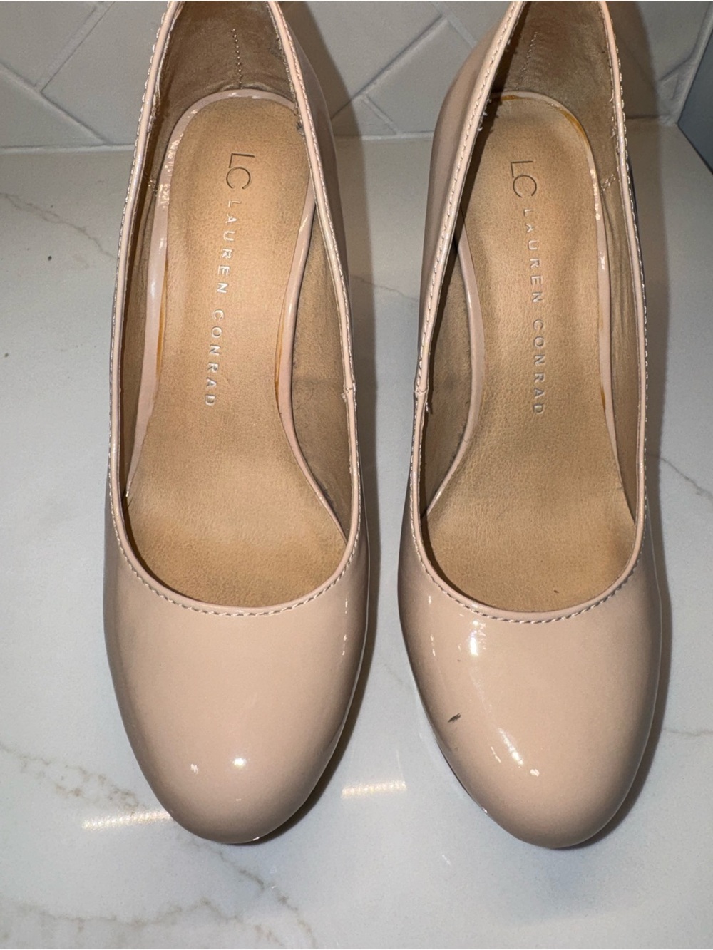 LC Lauren Conrad Blush Patent Round-Toe Pumps